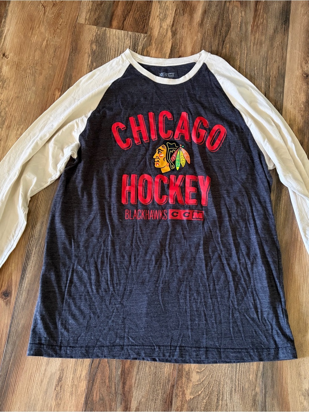 CCM Navy, White & Red Chicago Blackhawks Raglan Long Sleeve Tee